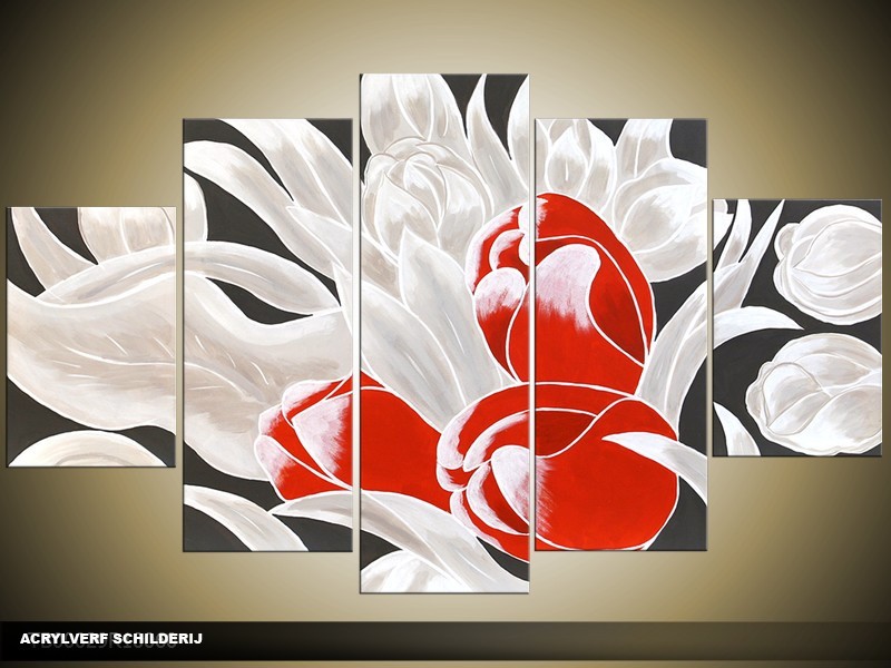 Acryl Schilderij Tulp | Rood, Wit | 100x60cm 5Luik Handgeschilderd