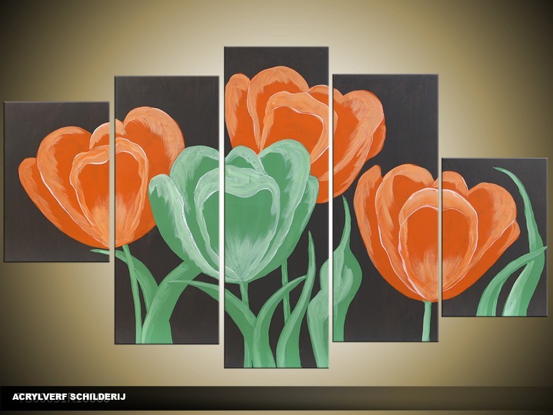 Acryl Schilderij Tulp | Oranje, Groen | 100x60cm 5Luik Handgeschilderd