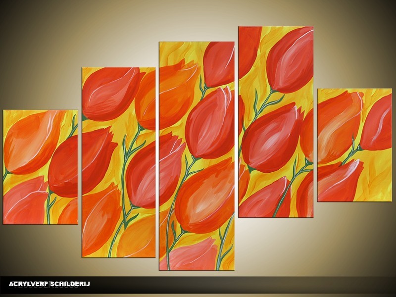 Acryl Schilderij Tulp | Rood, Oranje | 100x60cm 5Luik Handgeschilderd