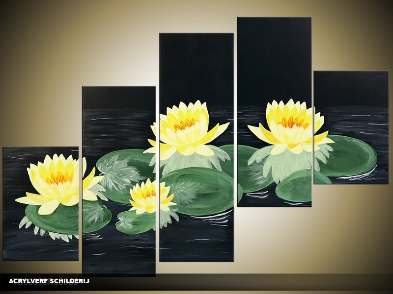 Acryl Schilderij Modern | Geel, Zwart, Groen | 100x60cm 5Luik Handgeschilderd