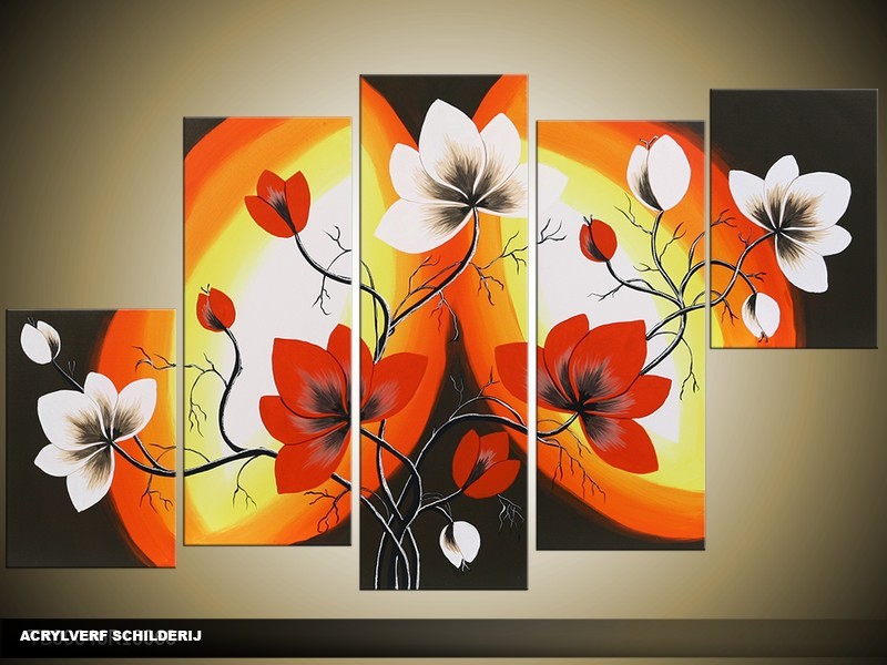 Acryl Schilderij Magnolia | Rood, Zwart, Wit | 100x60cm 5Luik Handgeschilderd