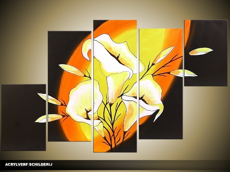 Acryl Schilderij Modern | Geel, Oranje, Zwart | 100x60cm 5Luik Handgeschilderd