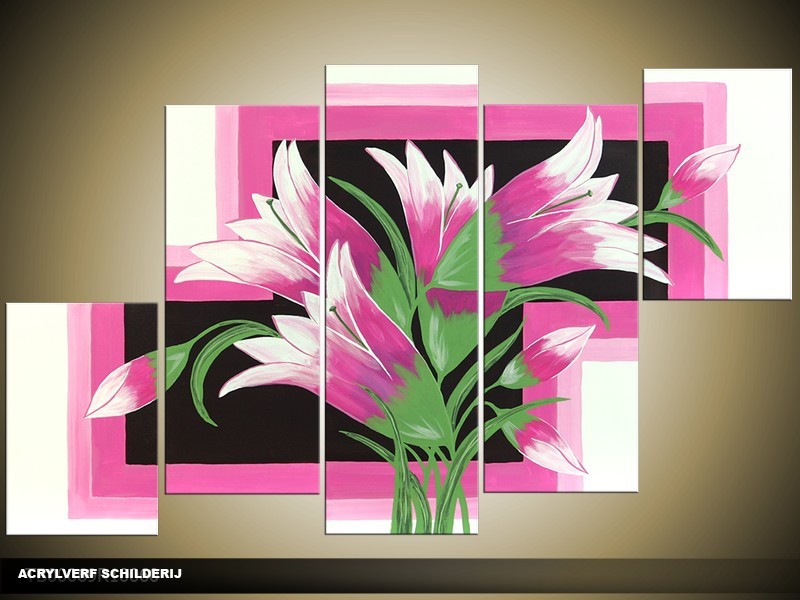 Acryl Schilderij Modern | Roze, Groen, Zwart | 100x60cm 5Luik Handgeschilderd