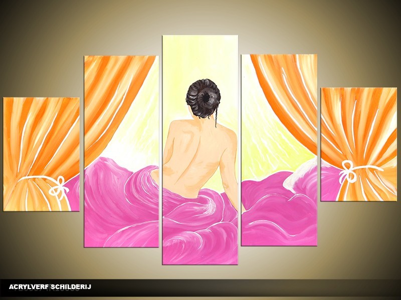 Acryl Schilderij Kunst, Sexy | Roze, Geel, Oranje | 100x60cm 5Luik Handgeschilderd