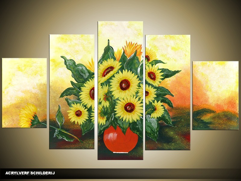 Acryl Schilderij Zonnebloem | Geel, Groen, Oranje | 100x60cm 5Luik Handgeschilderd