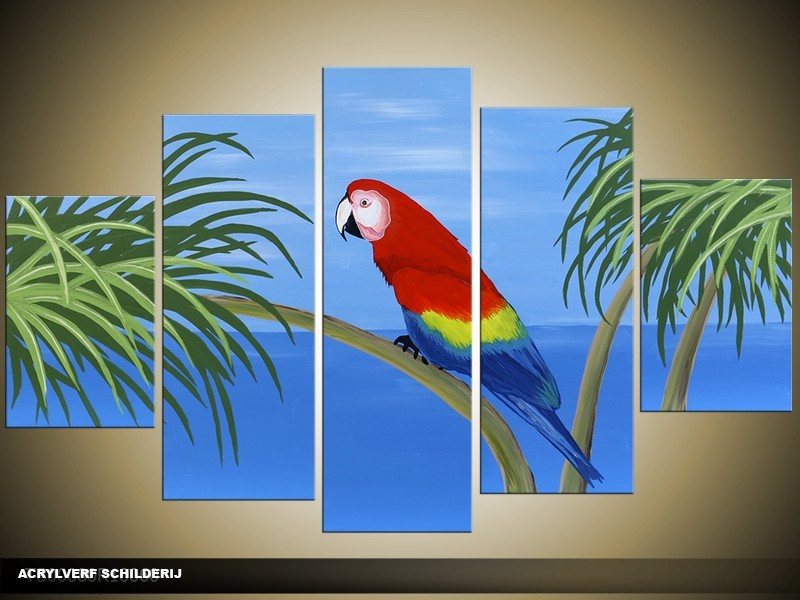 Acryl Schilderij Vogel | Rood, Blauw, Groen | 100x60cm 5Luik Handgeschilderd