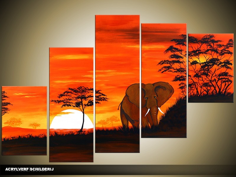 Acryl Schilderij Natuur | Zwart, Oranje, Geel | 100x60cm 5Luik Handgeschilderd