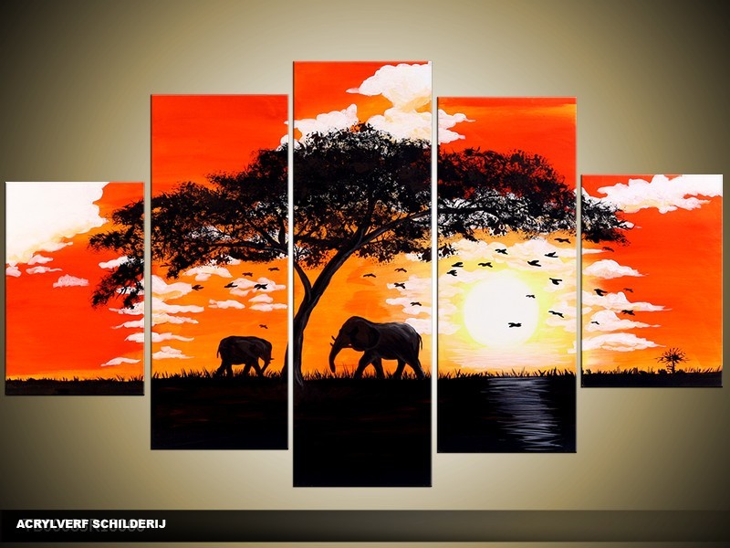 Acryl Schilderij Natuur | Zwart, Oranje, Geel | 100x60cm 5Luik Handgeschilderd