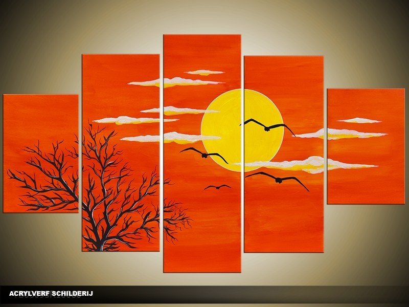 Acryl Schilderij Natuur | Rood, Oranje, Geel | 100x60cm 5Luik Handgeschilderd