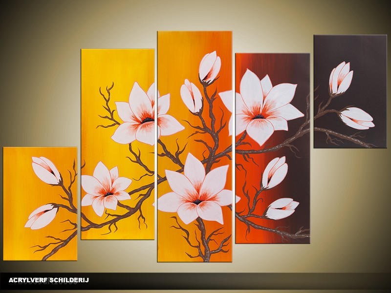 Acryl Schilderij Natuur | Geel, Bruin, Oranje | 100x60cm 5Luik Handgeschilderd