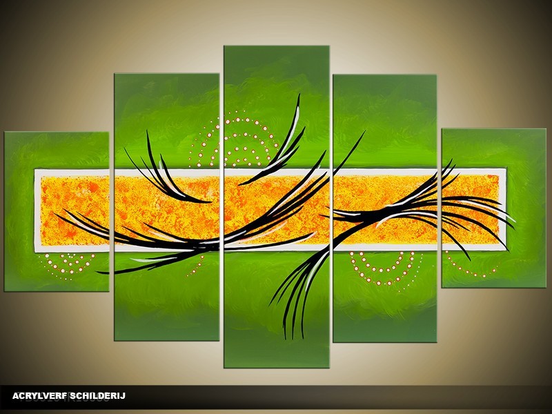 Acryl Schilderij Modern | Groen, Geel | 100x60cm 5Luik Handgeschilderd