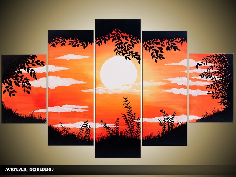 Acryl Schilderij Natuur | Oranje, Zwart, Geel | 100x60cm 5Luik Handgeschilderd