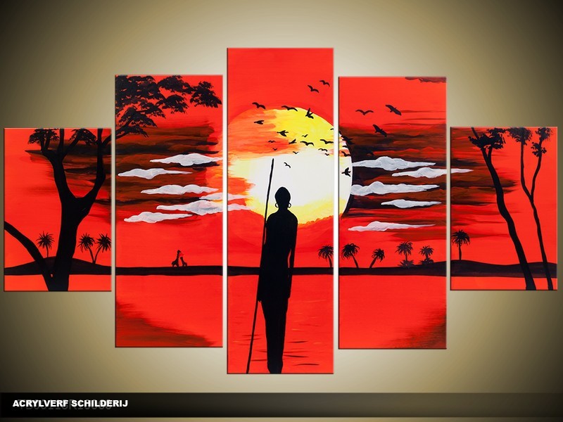 Acryl Schilderij Natuur | Rood, Zwart | 100x60cm 5Luik Handgeschilderd