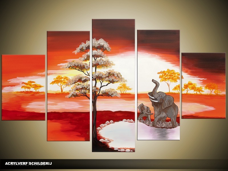 Acryl Schilderij Natuur | Rood, Grijs, Geel | 100x60cm 5Luik Handgeschilderd