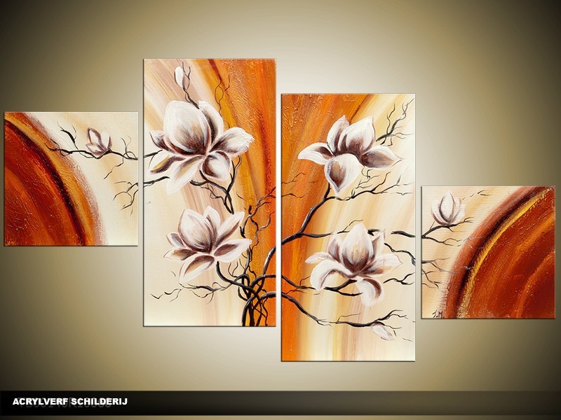 Acryl Schilderij Magnolia | Bruin, Crème | 100x60cm 5Luik Handgeschilderd