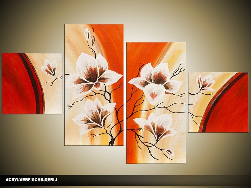 Acryl Schilderij Magnolia | Oranje, Crème, Rood | 100x60cm 5Luik Handgeschilderd