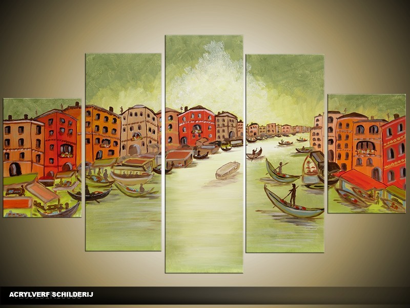 Acryl Schilderij Venetie | Groen, Rood | 100x60cm 5Luik Handgeschilderd