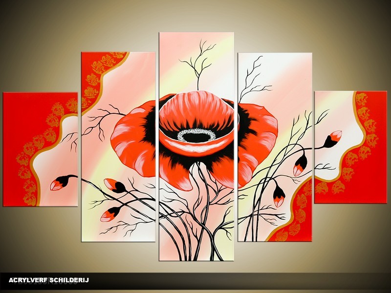Acryl Schilderij Klaproos | Rood, Zwart | 100x60cm 5Luik Handgeschilderd