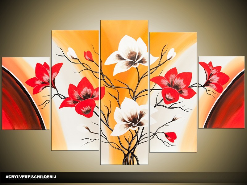 Acryl Schilderij Magnolia | Geel, Rood, Crème | 100x60cm 5Luik Handgeschilderd