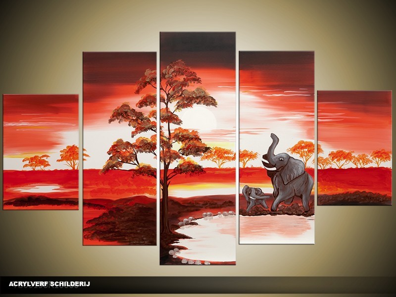 Acryl Schilderij Natuur | Rood, Crème | 100x60cm 5Luik Handgeschilderd