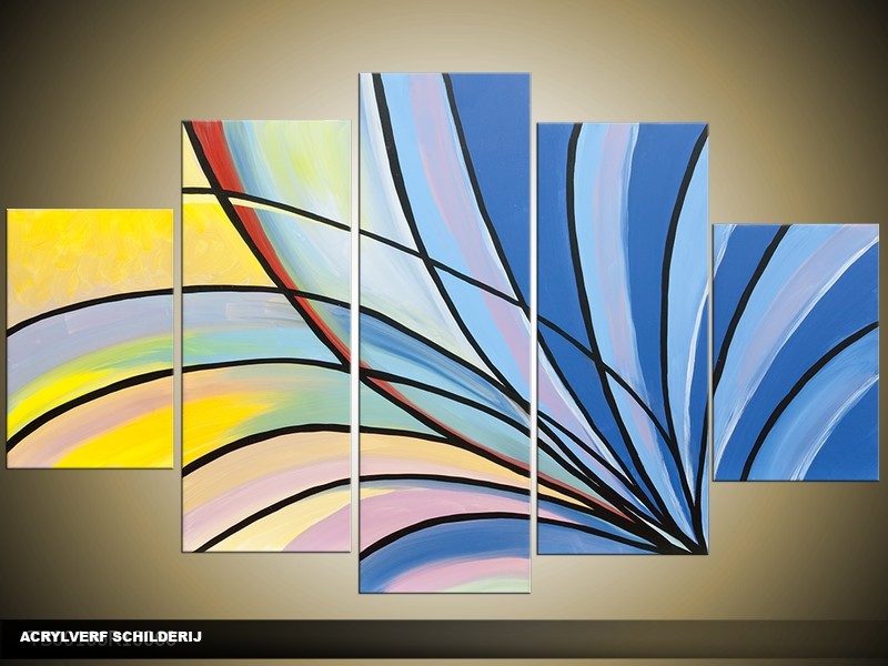 Acryl Schilderij Modern | Blauw, Geel | 100x60cm 5Luik Handgeschilderd