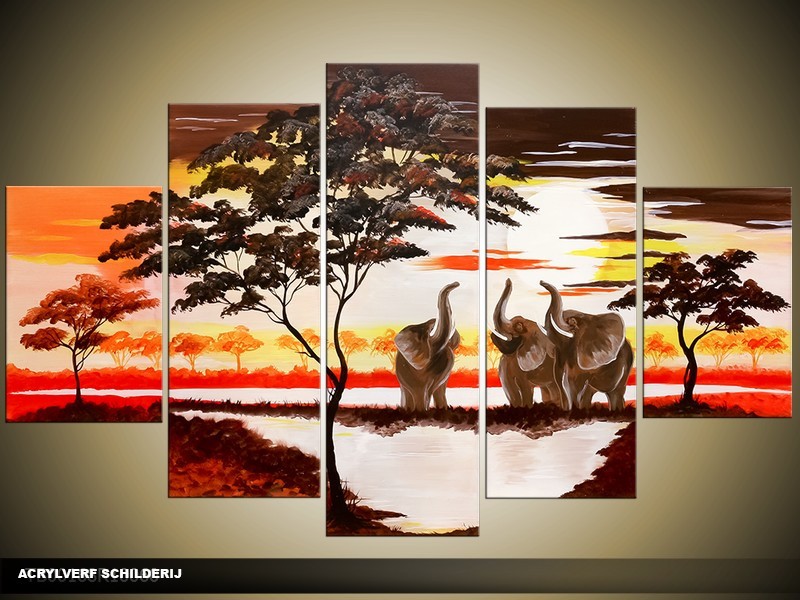 Acryl Schilderij Natuur | Bruin, Geel, Rood | 100x60cm 5Luik Handgeschilderd