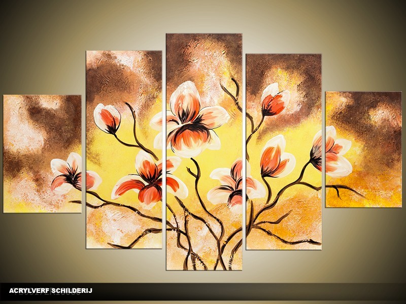 Acryl Schilderij Magnolia | Bruin, Geel | 100x60cm 5Luik Handgeschilderd