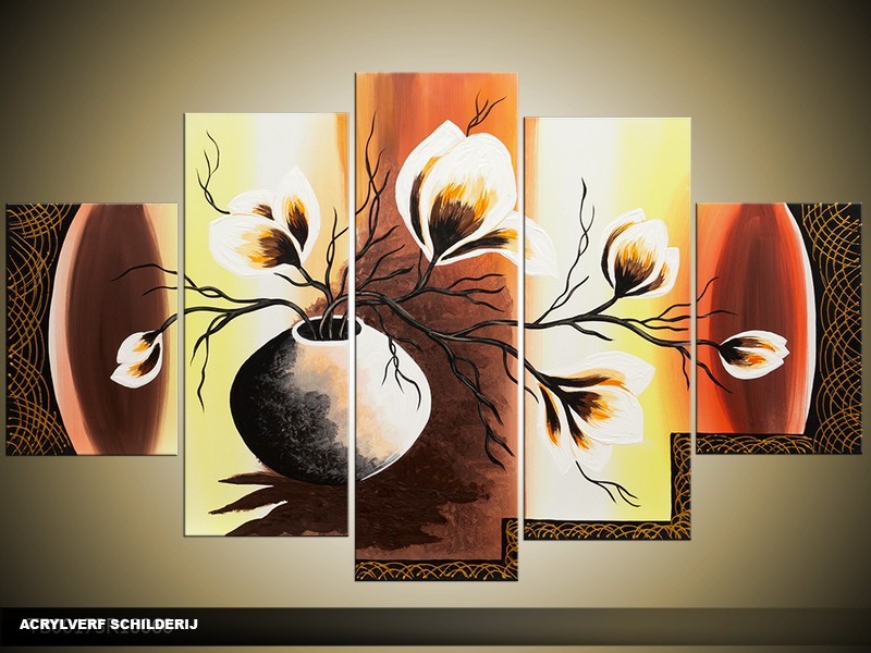 Acryl Schilderij Magnolia | Bruin, Geel | 100x60cm 5Luik Handgeschilderd