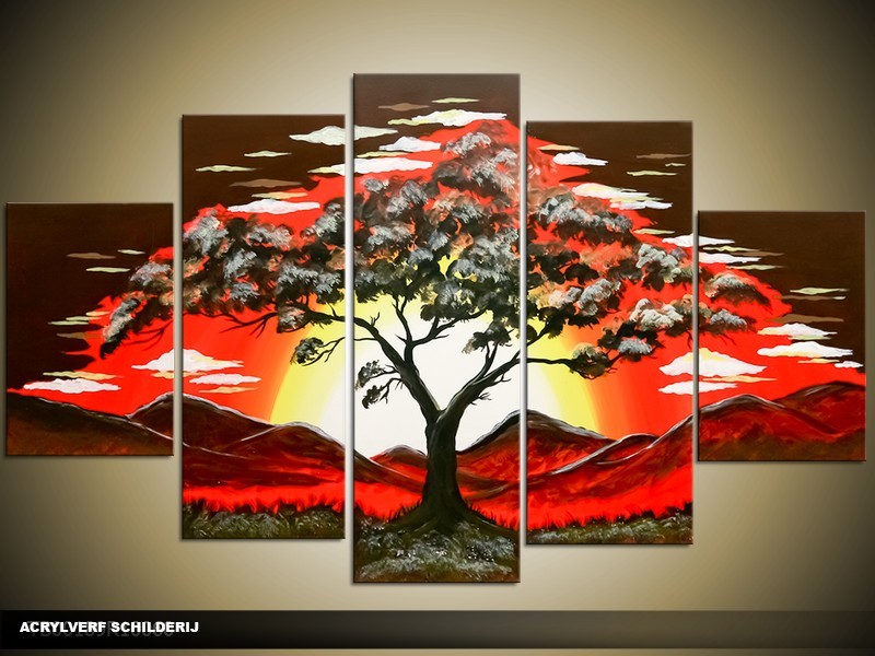Acryl Schilderij Natuur | Rood, Geel, Bruin | 100x60cm 5Luik Handgeschilderd