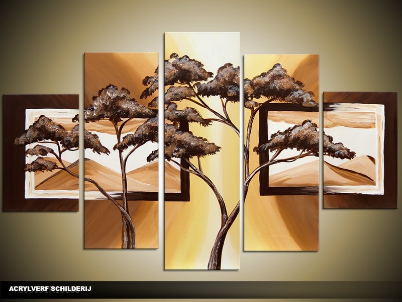 Acryl Schilderij Natuur | Bruin, Crème | 100x60cm 5Luik Handgeschilderd