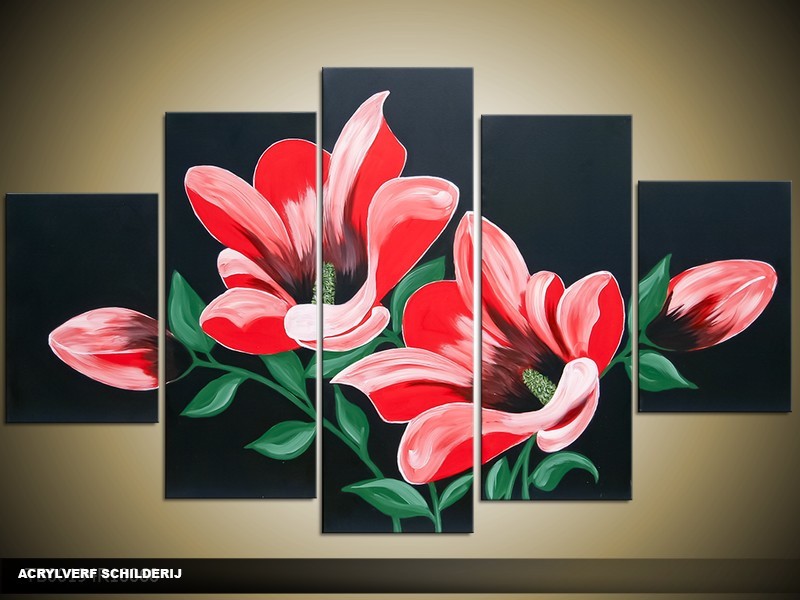 Acryl Schilderij Woonkamer | Rood, Zwart, Groen | 100x60cm 5Luik Handgeschilderd
