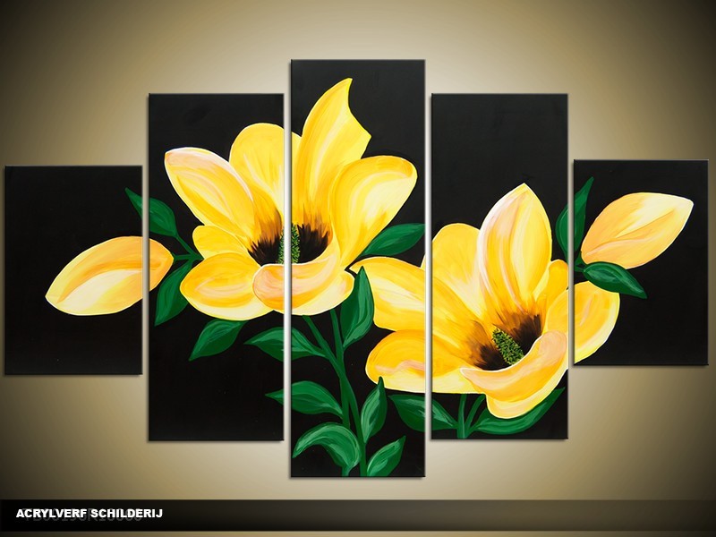 Acryl Schilderij Woonkamer | Geel, Groen, Zwart | 100x60cm 5Luik Handgeschilderd