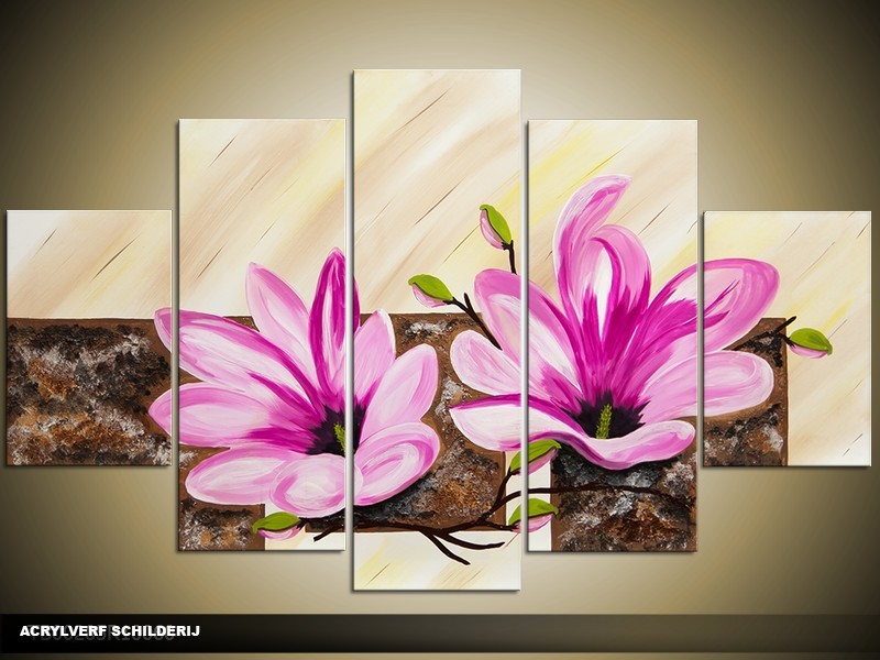 Acryl Schilderij Woonkamer | Roze, Paars, Crème | 100x60cm 5Luik Handgeschilderd