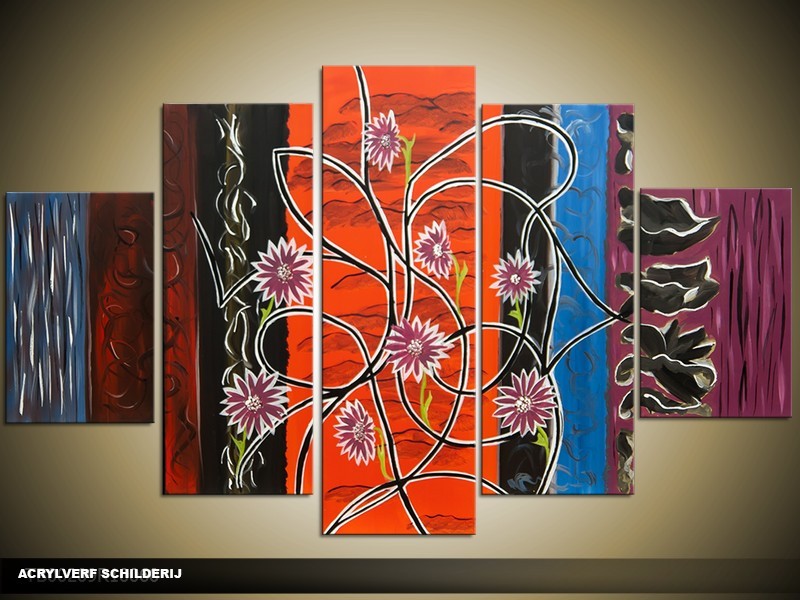 Acryl Schilderij Modern | Rood, Zwart, Paars | 100x60cm 5Luik Handgeschilderd