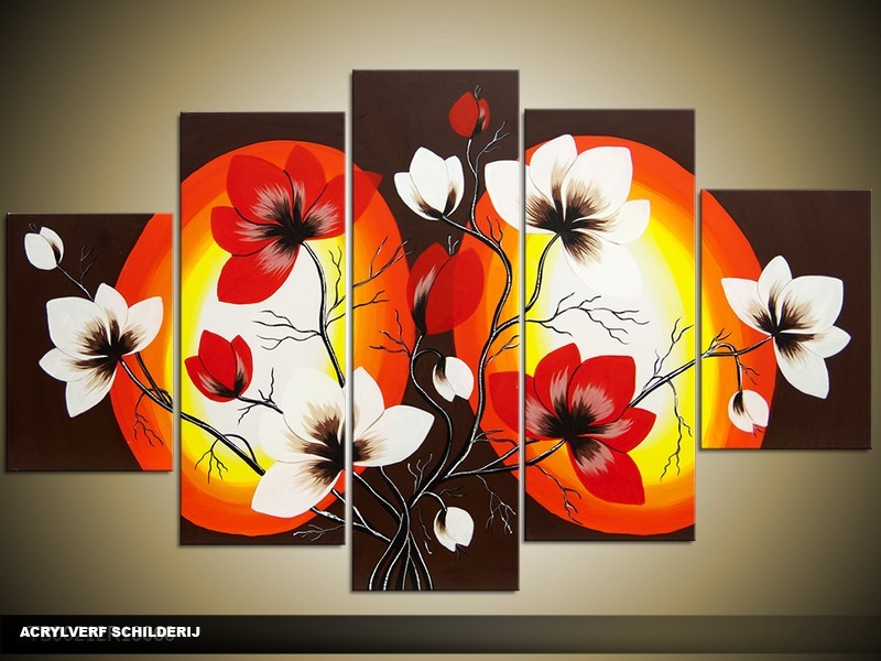 Acryl Schilderij Magnolia | Rood, Zwart, Geel | 100x60cm 5Luik Handgeschilderd