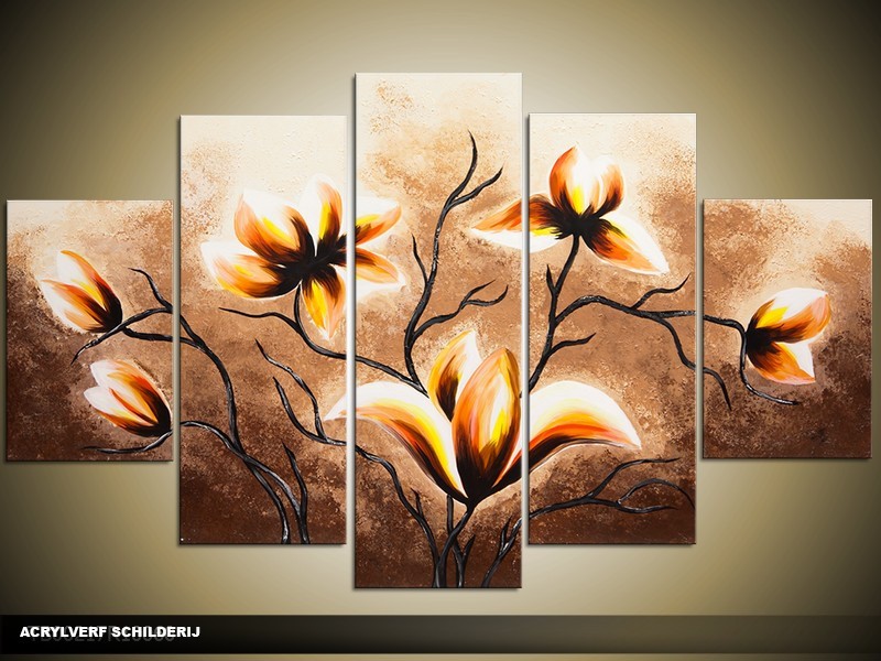 Acryl Schilderij Magnolia | Bruin, Crème, Oranje | 100x60cm 5Luik Handgeschilderd