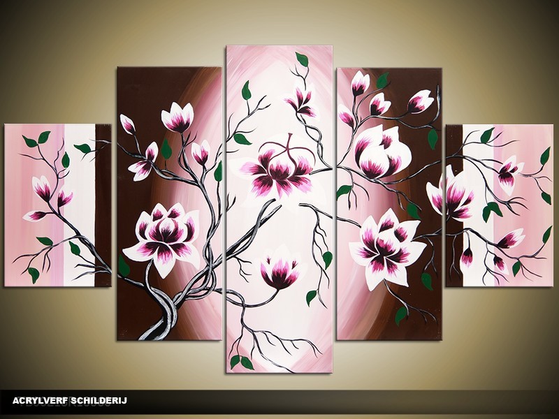 Acryl Schilderij Magnolia | Paars, Roze, Bruin | 100x60cm 5Luik Handgeschilderd