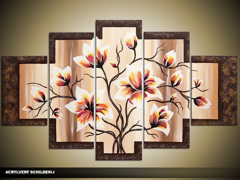 Acryl Schilderij Magnolia | Crème, Bruin | 100x60cm 5Luik Handgeschilderd