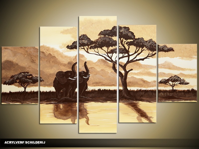 Acryl Schilderij Natuur | Geel, Bruin | 100x60cm 5Luik Handgeschilderd