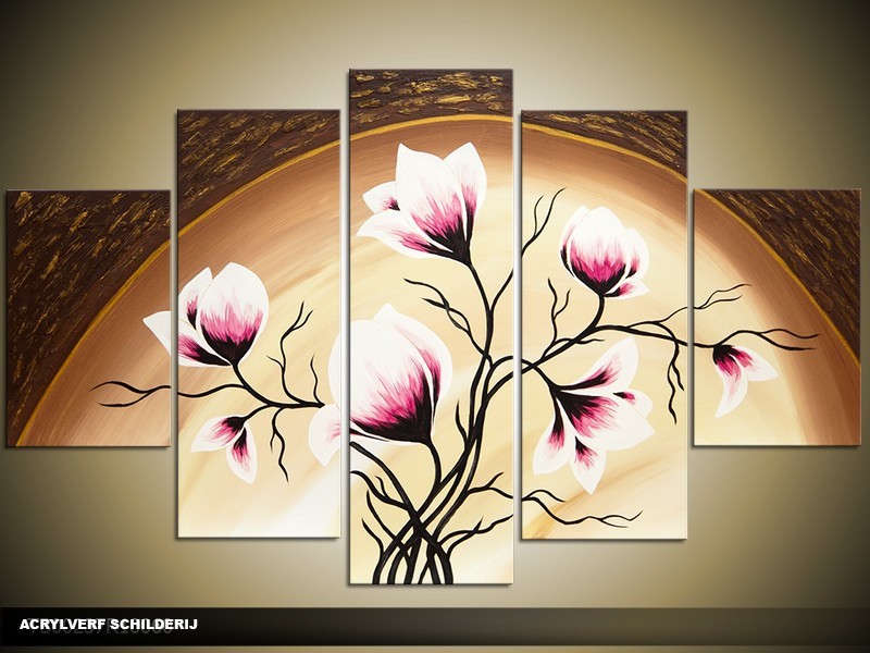 Acryl Schilderij Magnolia | Roze, Crème, Bruin | 100x60cm 5Luik Handgeschilderd