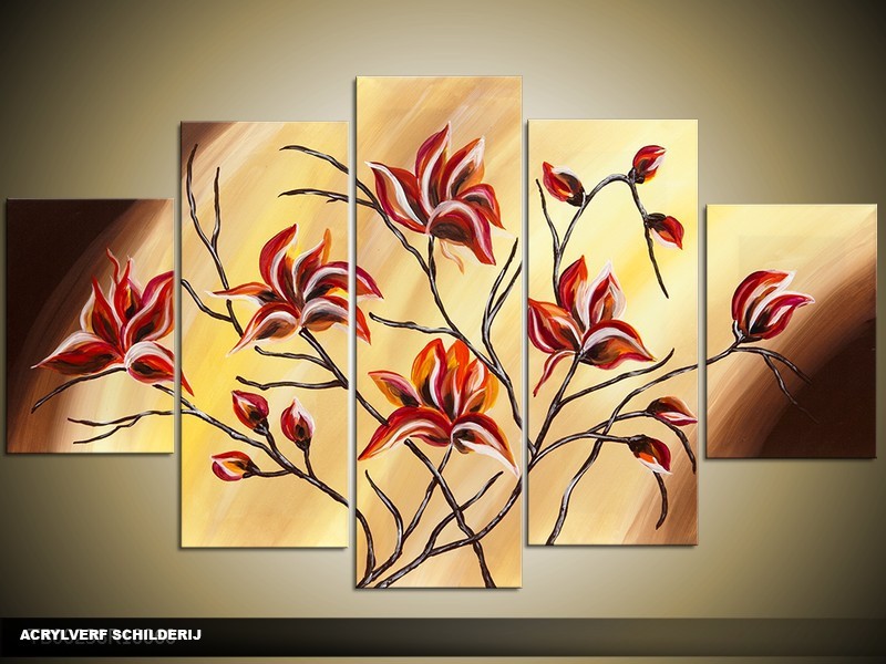 Acryl Schilderij Magnolia | Geel, Bruin, Rood | 100x60cm 5Luik Handgeschilderd