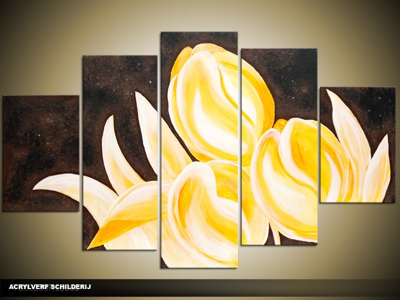 Acryl Schilderij Tulpen | Geel, Bruin, Zwart | 100x60cm 5Luik Handgeschilderd