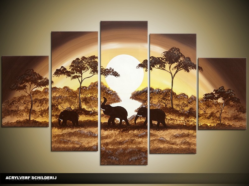 Acryl Schilderij Natuur | Bruin, Geel, Crème | 100x60cm 5Luik Handgeschilderd