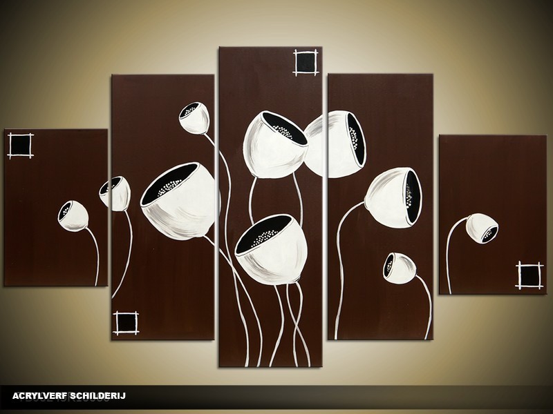 Acryl Schilderij Modern | Bruin, Wit | 100x60cm 5Luik Handgeschilderd