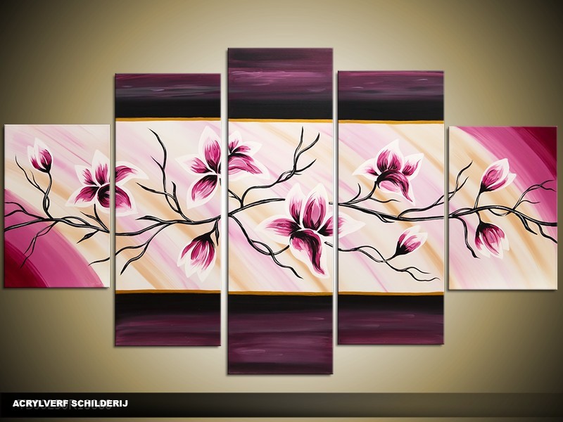 Acryl Schilderij Magnolia | Roze, Paars, Geel | 100x60cm 5Luik Handgeschilderd