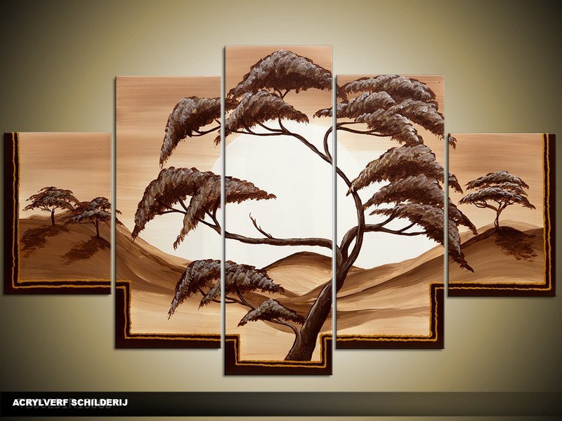Acryl Schilderij Natuur | Bruin, Crème, Geel | 100x60cm 5Luik Handgeschilderd