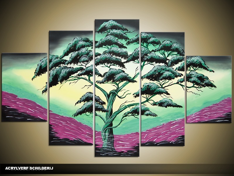 Acryl Schilderij Boom | Groen, Paars, Geel | 100x60cm 5Luik Handgeschilderd
