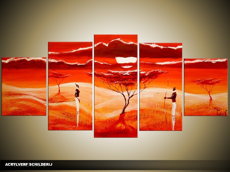 Acryl Schilderij Natuur | Oranje, Rood, Geel | 150x70cm 5Luik Handgeschilderd