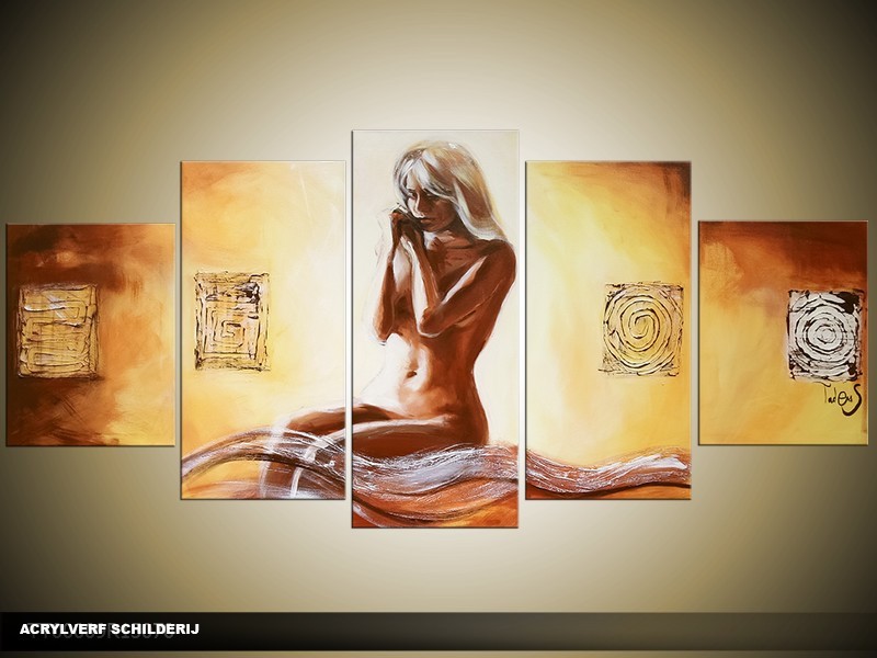 Acryl Schilderij Kunt | Geel, Bruin | 150x70cm 5Luik Handgeschilderd