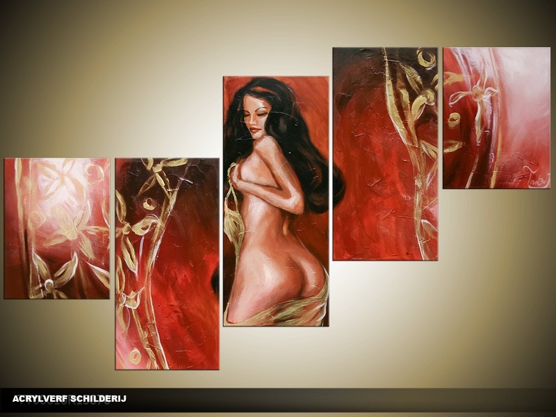 Acryl Schilderij Kunst, Sexy | Rood, Goud | 150x70cm 5Luik Handgeschilderd